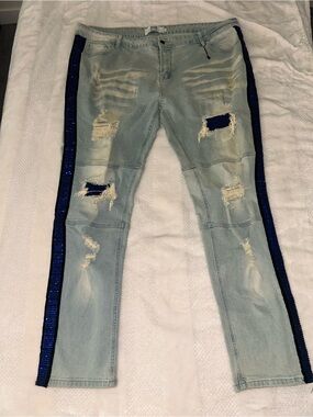 Men's Slim Light Blue Distressed Jeans with Blue Side Stripe